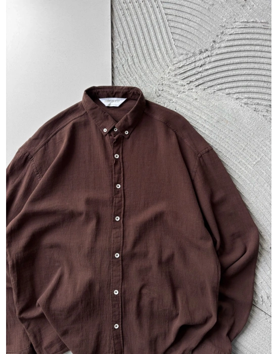 KETEN KUMAŞ GİGİ OVERSİZE GÖMLEK KAHVE