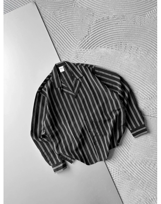 ÇİZGİLİ MODAL MARRA OVERSİZE GÖMLEK SİYAH