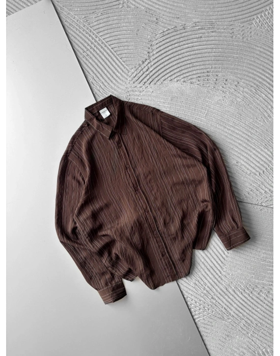 İNCE ÇİZGİLİ MODAL MARRA OVERSİZE GÖMLEK KAHVE