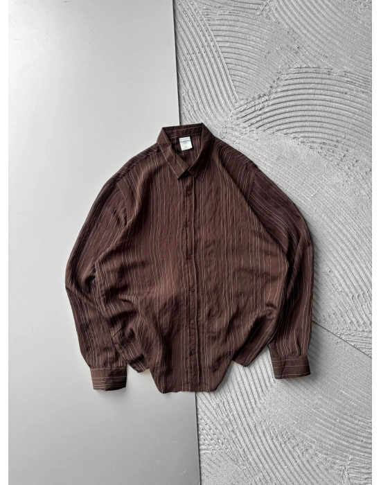 İNCE ÇİZGİLİ MODAL MARRA OVERSİZE GÖMLEK KAHVE