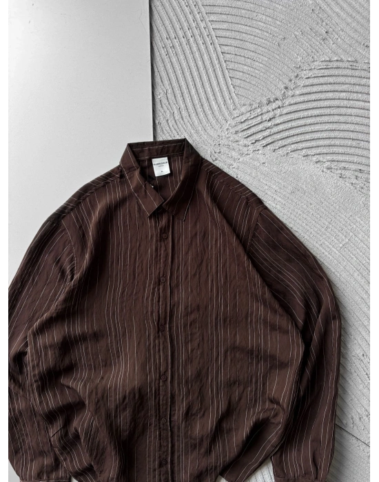 İNCE ÇİZGİLİ MODAL MARRA OVERSİZE GÖMLEK KAHVE