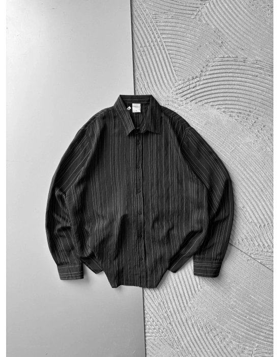 İNCE ÇİZGİLİ MODAL MARRA OVERSİZE GÖMLEK SİYAH