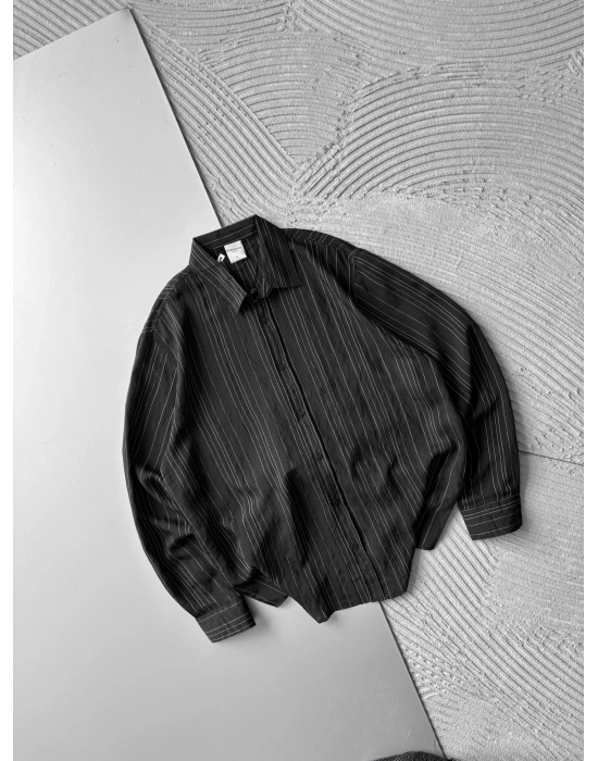 İNCE ÇİZGİLİ MODAL MARRA OVERSİZE GÖMLEK SİYAH