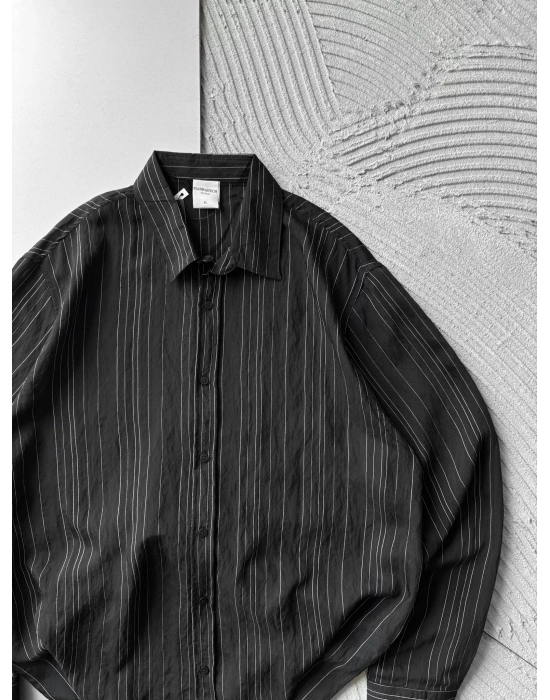 İNCE ÇİZGİLİ MODAL MARRA OVERSİZE GÖMLEK SİYAH