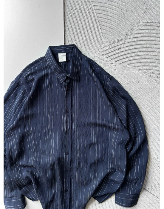 İNCE ÇİZGİLİ MODAL MARRA OVERSİZE GÖMLEK LACİ