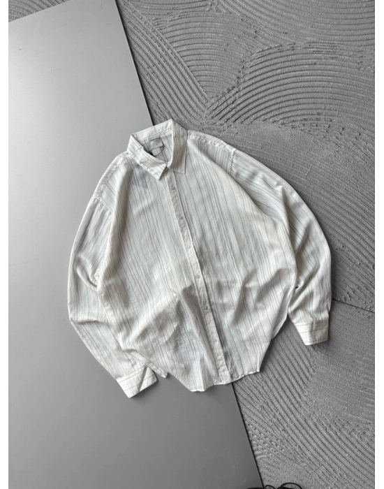 İNCE ÇİZGİLİ MODAL MARRA OVERSİZE GÖMLEK BEYAZ