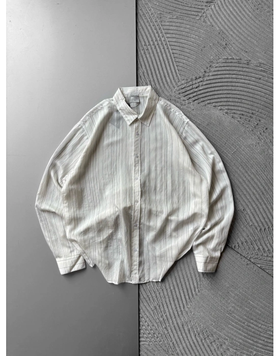 İNCE ÇİZGİLİ MODAL MARRA OVERSİZE GÖMLEK BEYAZ