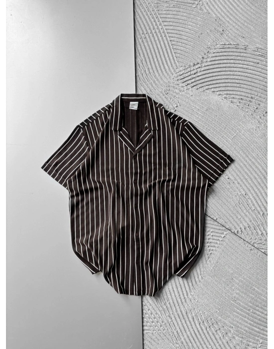 ÇİZGİLİ, PAMUKLU MARRA KISA KOLLU OVERSİZE GÖMLEK KAHVE