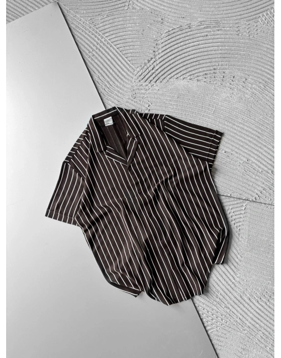 ÇİZGİLİ, PAMUKLU MARRA KISA KOLLU OVERSİZE GÖMLEK KAHVE