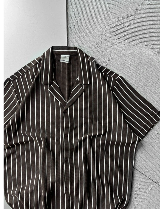 ÇİZGİLİ, PAMUKLU MARRA KISA KOLLU OVERSİZE GÖMLEK KAHVE