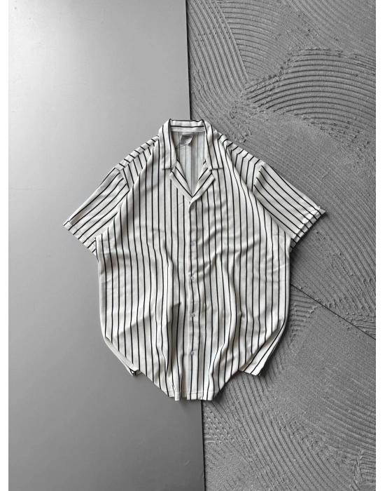 ÇİZGİLİ, PAMUKLU MARRA KISA KOLLU OVERSİZE GÖMLEK BEYAZ