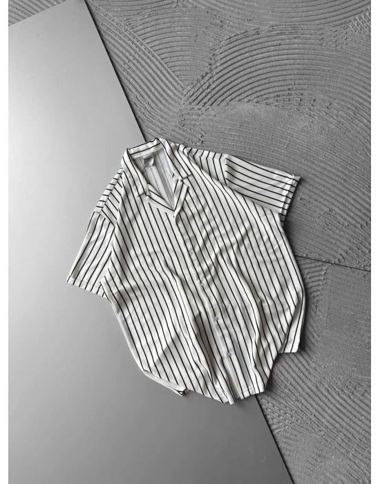 ÇİZGİLİ, PAMUKLU MARRA KISA KOLLU OVERSİZE GÖMLEK BEYAZ