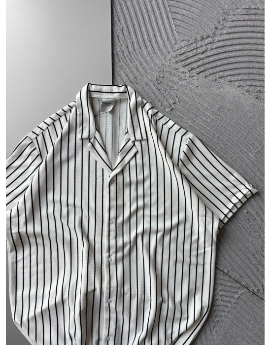 ÇİZGİLİ, PAMUKLU MARRA KISA KOLLU OVERSİZE GÖMLEK BEYAZ