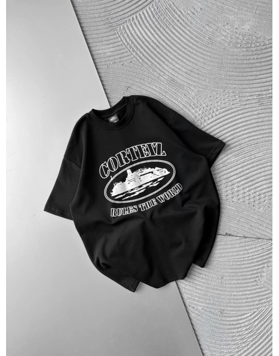 CORT ÖN BASKI OVERSİZE TİŞÖRT SİYAH