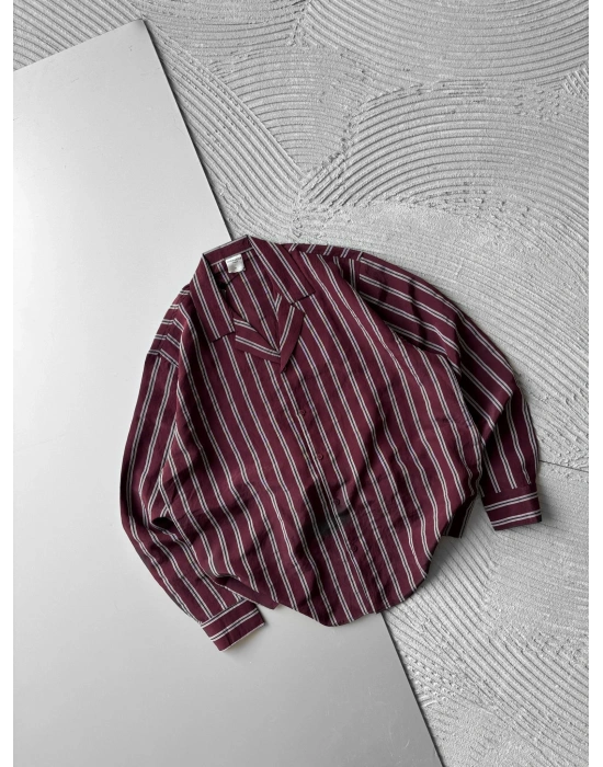 ÇİZGİLİ MODAL MARRA OVERSİZE GÖMLEK BORDO
