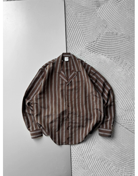 ÇİZGİLİ MODAL MARRA OVERSİZE GÖMLEK KAHVE