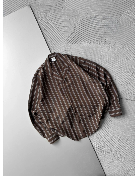 ÇİZGİLİ MODAL MARRA OVERSİZE GÖMLEK KAHVE