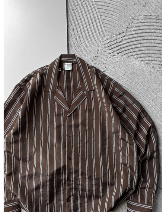 ÇİZGİLİ MODAL MARRA OVERSİZE GÖMLEK KAHVE