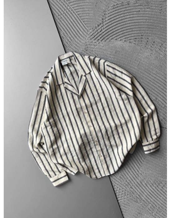 ÇİZGİLİ MODAL MARRA OVERSİZE GÖMLEK KREM