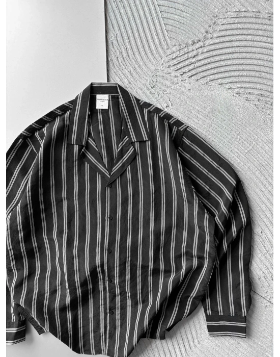 ÇİZGİLİ MODAL MARRA OVERSİZE GÖMLEK SİYAH