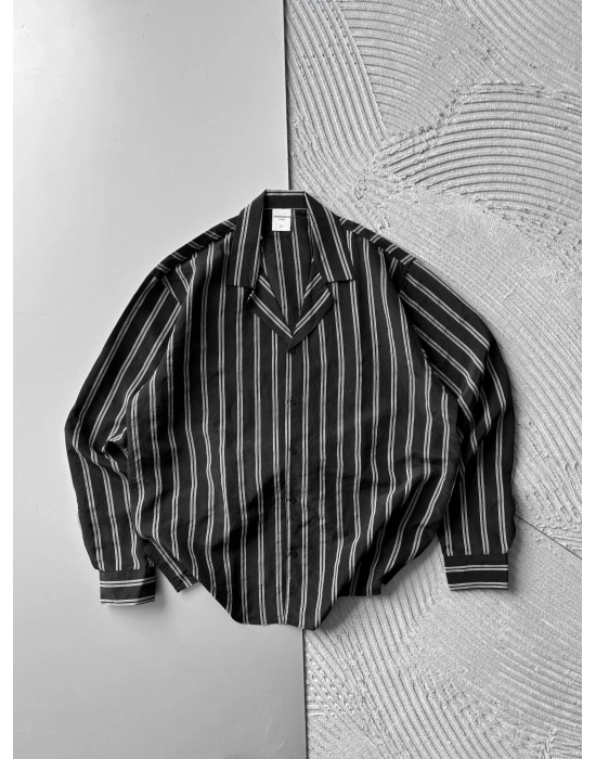 ÇİZGİLİ MODAL MARRA OVERSİZE GÖMLEK SİYAH