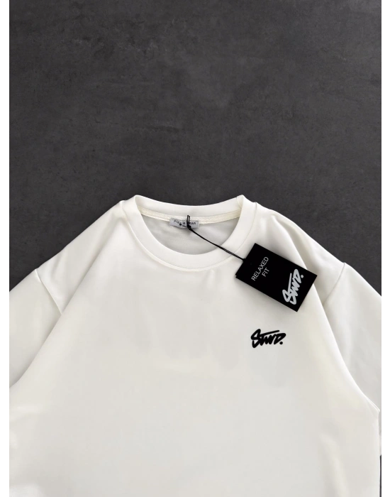 STW SIRT BASKI BİSİKLET YAKA OVERSİZE TSHİRT BEYAZ