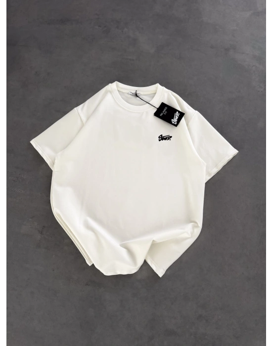 STW SIRT BASKI BİSİKLET YAKA OVERSİZE TSHİRT BEYAZ