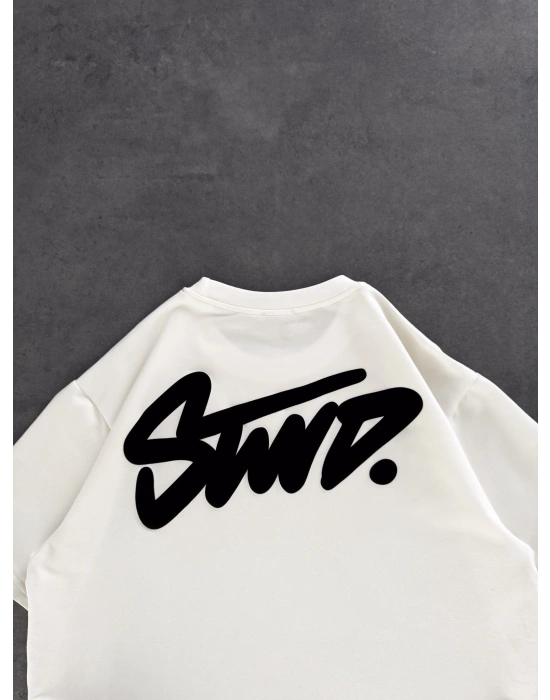 STW SIRT BASKI BİSİKLET YAKA OVERSİZE TSHİRT BEYAZ