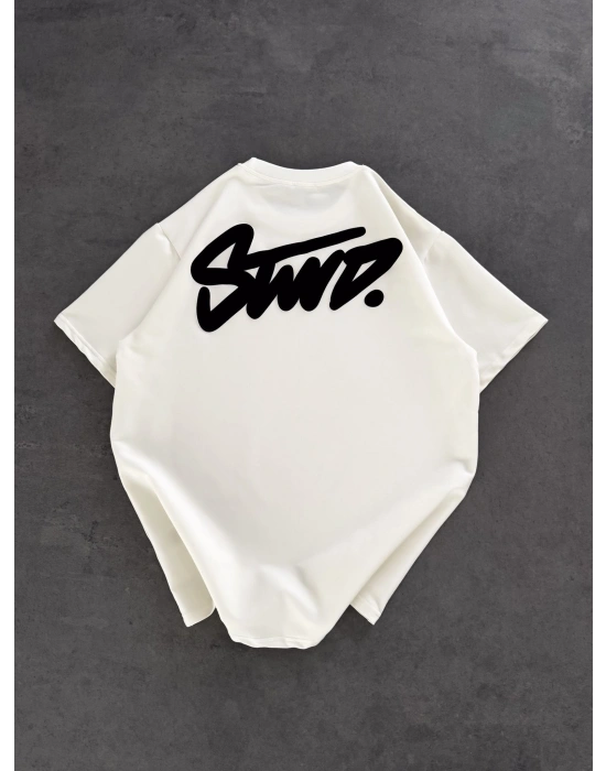 STW SIRT BASKI BİSİKLET YAKA OVERSİZE TSHİRT BEYAZ