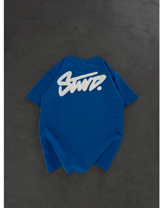 STW SIRT BASKI BİSİKLET YAKA OVERSİZE TSHİRT MAVİ