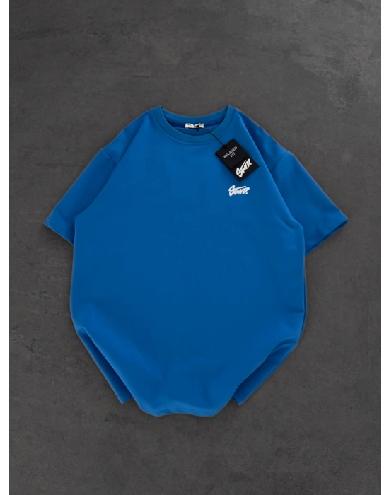 STW SIRT BASKI BİSİKLET YAKA OVERSİZE TSHİRT MAVİ