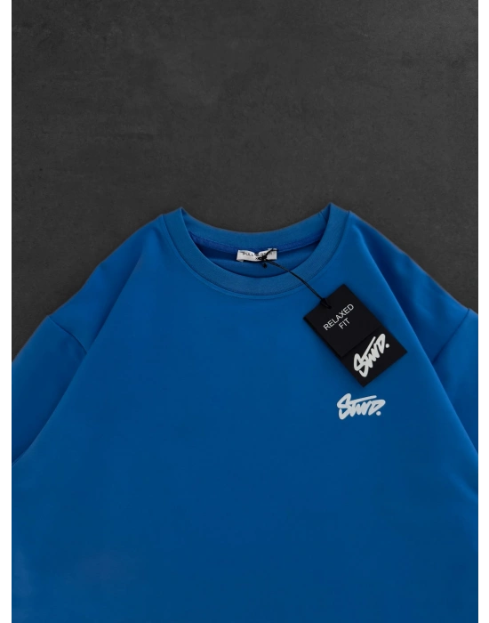 STW SIRT BASKI BİSİKLET YAKA OVERSİZE TSHİRT MAVİ