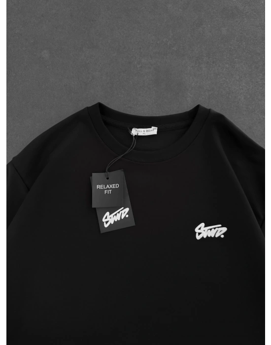 STW SIRT BASKI BİSİKLET YAKA OVERSİZE TSHİRT SİYAH