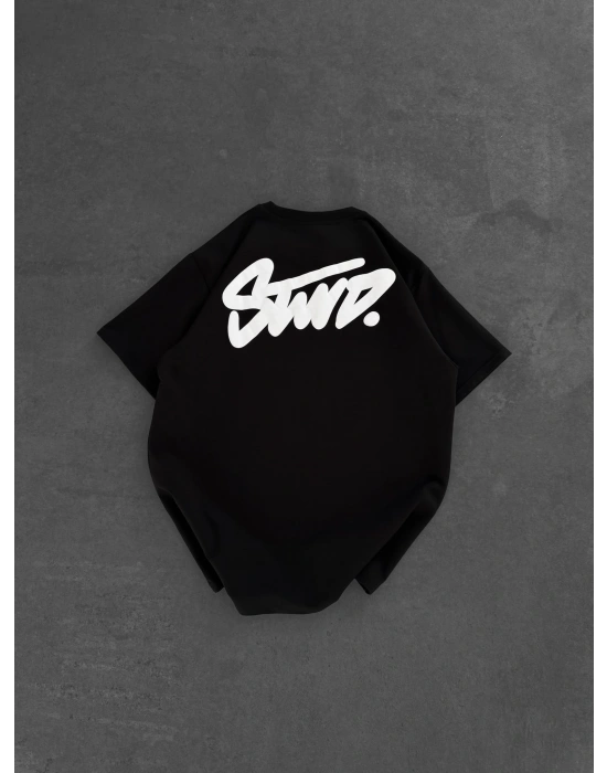 STW SIRT BASKI BİSİKLET YAKA OVERSİZE TSHİRT SİYAH