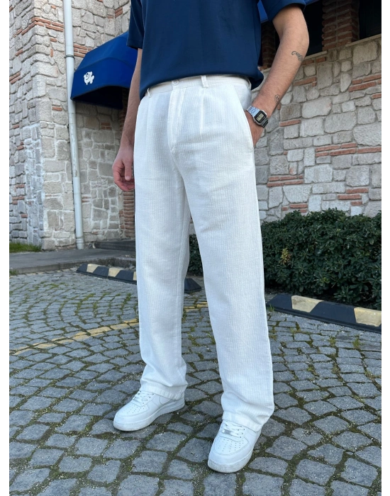 BAGGY KALIP KETEN KUMAŞ ŞERİTLİ DS PANTOLON BEYAZ