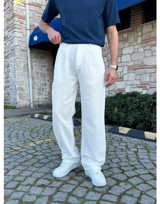 BAGGY KALIP KETEN KUMAŞ ŞERİTLİ DS PANTOLON BEYAZ