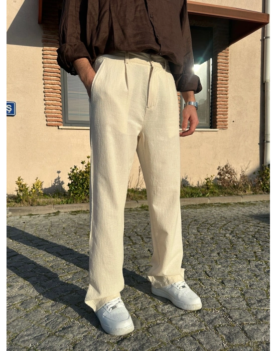 BAGGY KALIP KETEN KUMAŞ ŞERİTLİ DS PANTOLON KREM