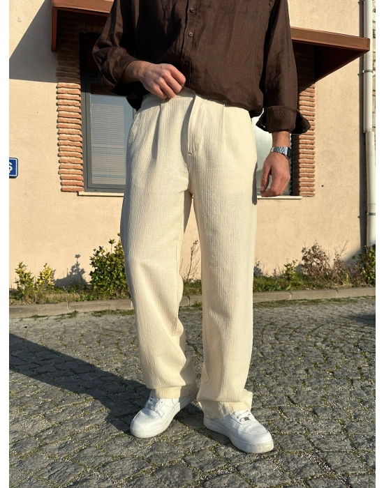 BAGGY KALIP KETEN KUMAŞ ŞERİTLİ DS PANTOLON KREM