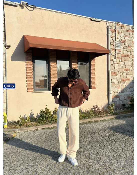 BAGGY KALIP KETEN KUMAŞ ŞERİTLİ DS PANTOLON KREM