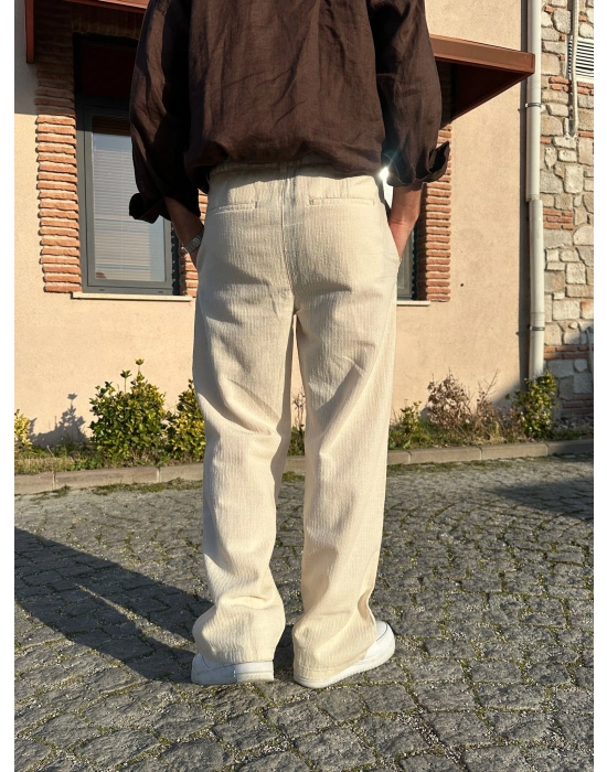 BAGGY KALIP KETEN KUMAŞ ŞERİTLİ DS PANTOLON KREM