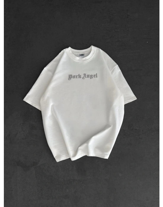 TAŞLI DARK ANGEL OVERSİZE TİŞÖRT BEYAZ