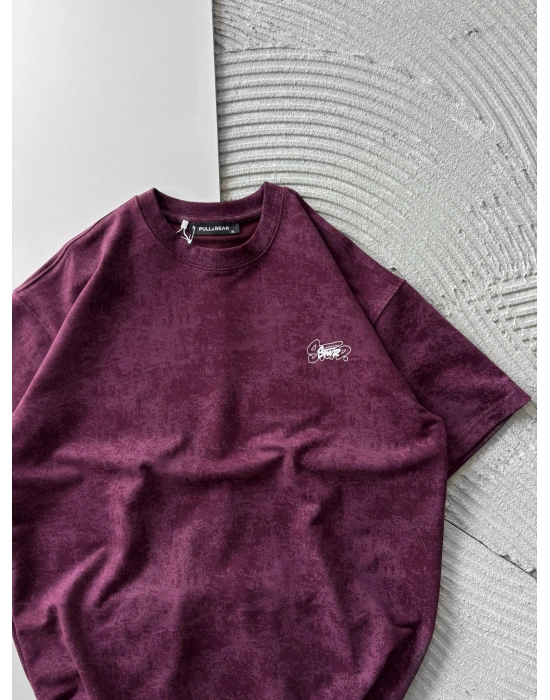 İP NAKIŞ YIKAMALI STW OVERSİZE TİŞÖRT BORDO
