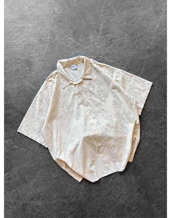 KABARTMA BASKI VİNTAGE OVERSİZE GÖMLEK KREM