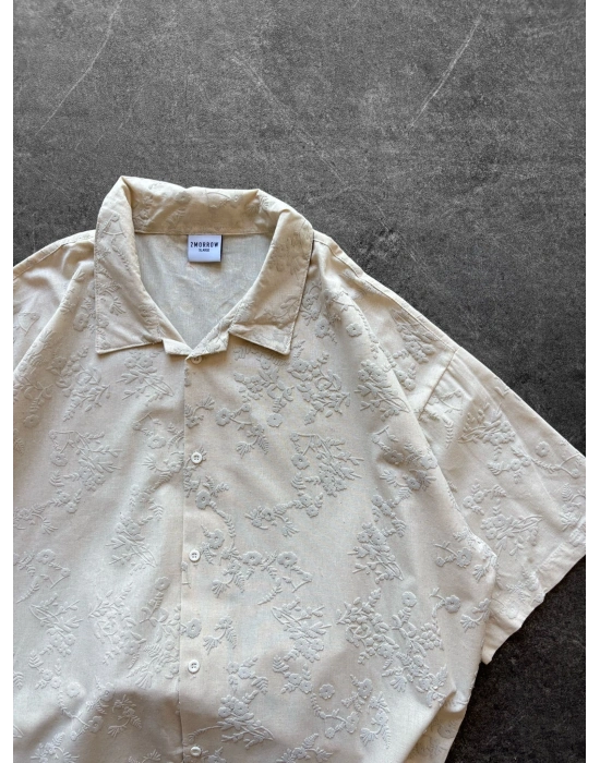 KABARTMA BASKI VİNTAGE OVERSİZE GÖMLEK KREM