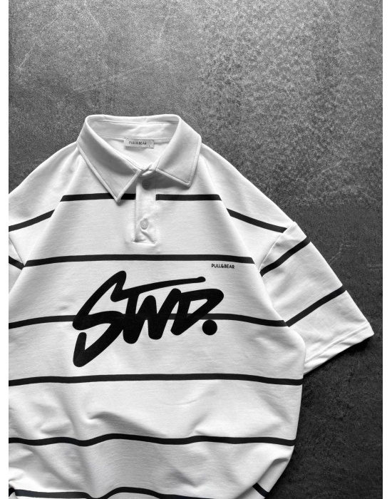 STW POLO YAKA ÇİZGİLİ OVERSİZE TİŞÖRT BEYAZ