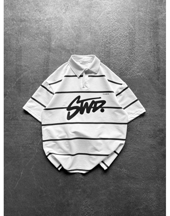 STW POLO YAKA ÇİZGİLİ OVERSİZE TİŞÖRT BEYAZ