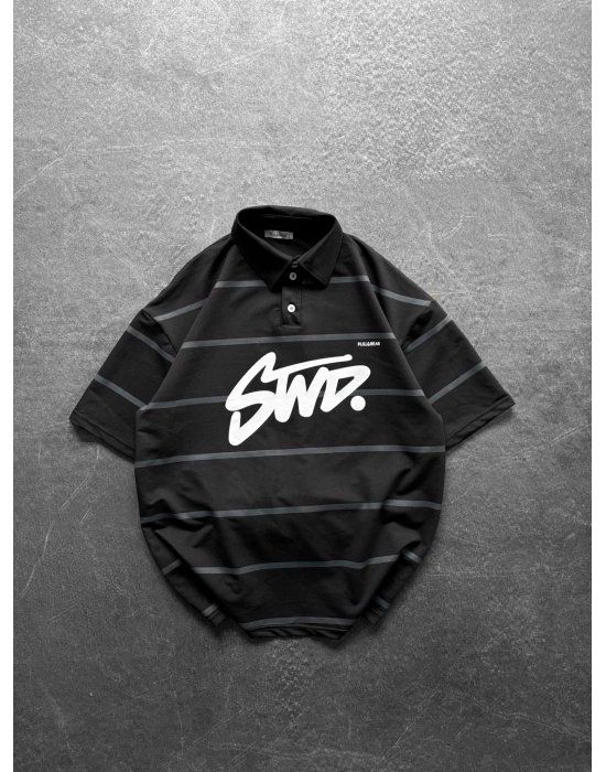 STW POLO YAKA ÇİZGİLİ OVERSİZE TİŞÖRT SİYAH