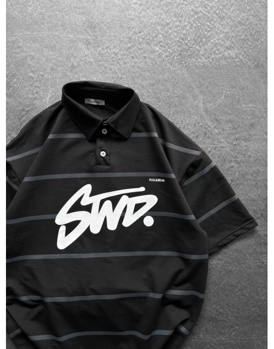 STW POLO YAKA ÇİZGİLİ OVERSİZE TİŞÖRT SİYAH