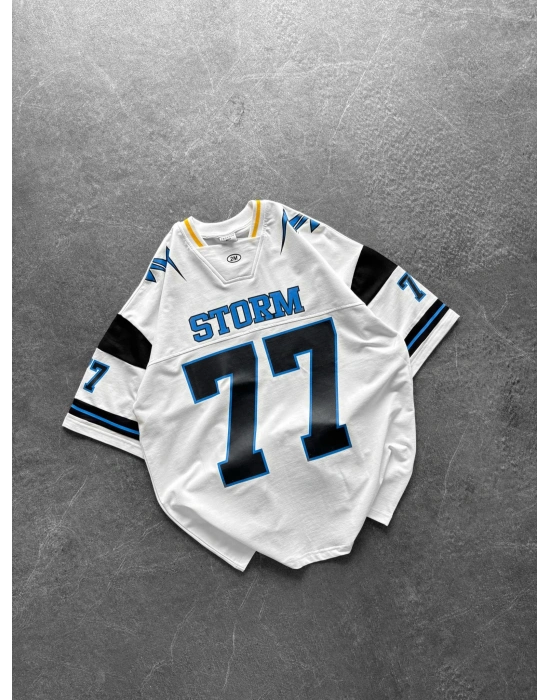 STORM 77 BASKI OVERSİZE V YAKA TİŞÖRT BEYAZ