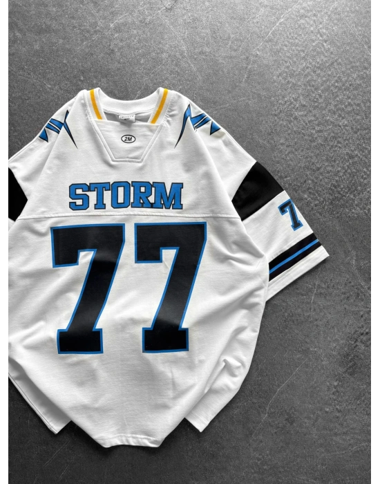 STORM 77 BASKI OVERSİZE V YAKA TİŞÖRT BEYAZ
